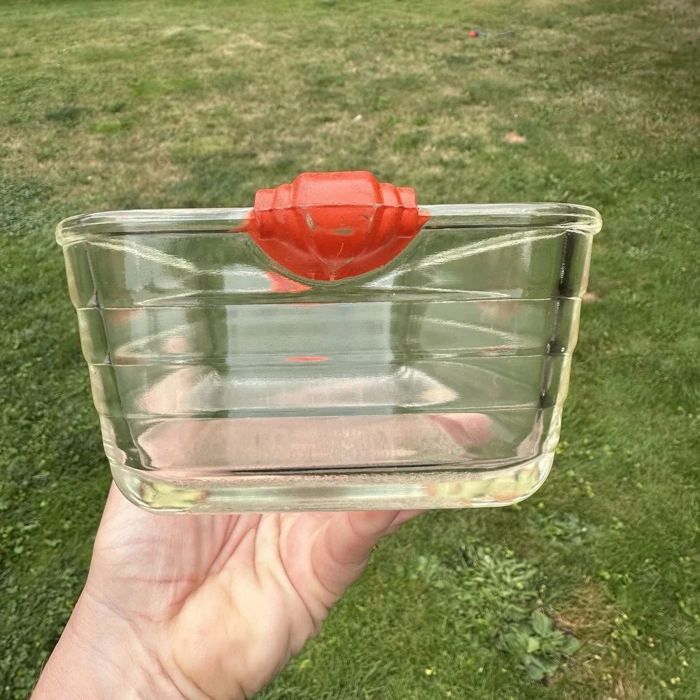 Vintage GLASBAKE #59 Clear Glass Loaf Pan Baking Dish Ornate Orange Handles USA